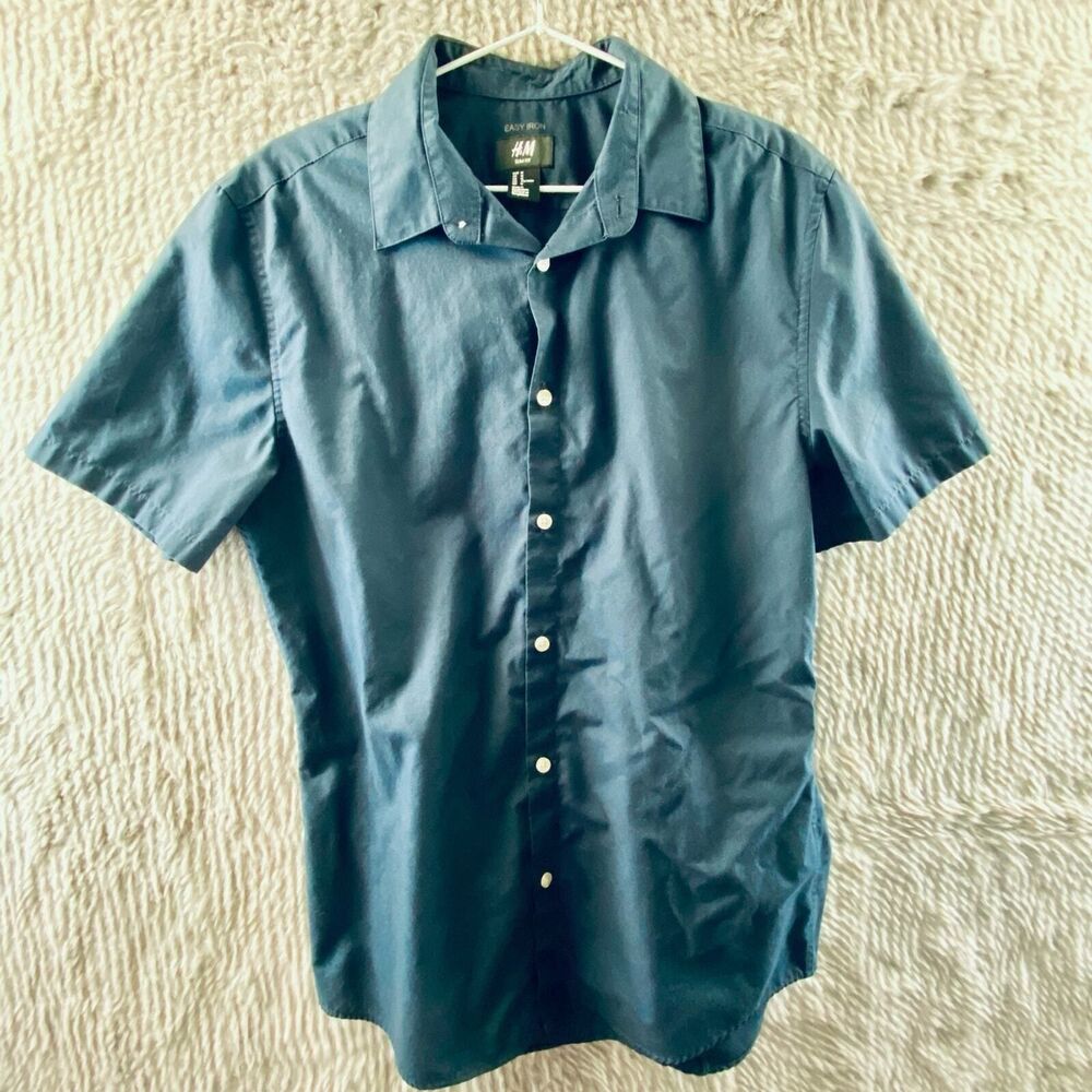 H&M Men's M Medium Navy Blue Slim Fit Short Sleeve Easy Iron Button Down